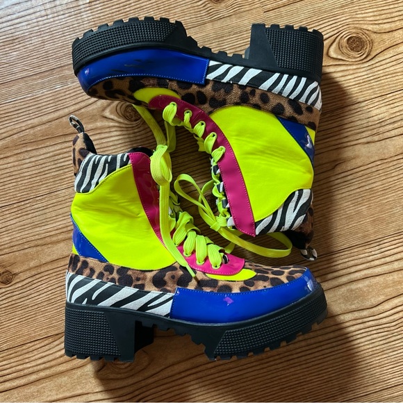 Combat boot in neon yellow, pink and leopard and zebra print EGO Commander boot - Picture 1 of 10